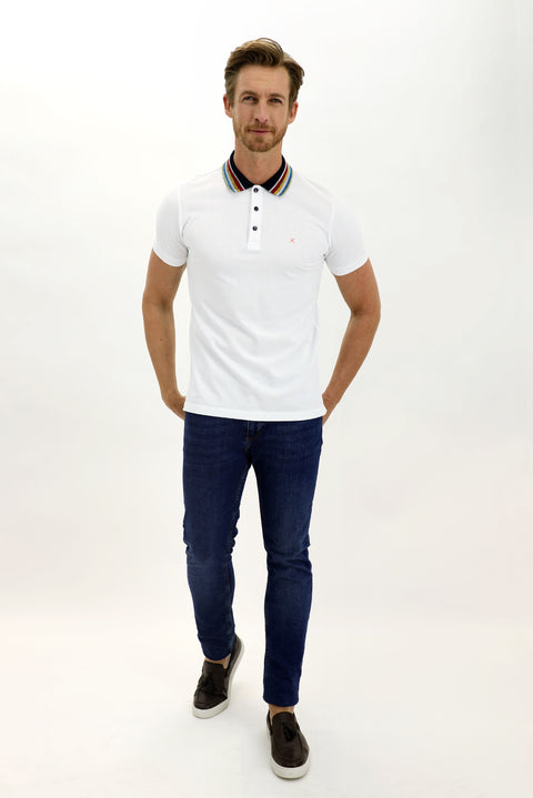 White Polo Collar Slim Fit Patterned T-shirt
