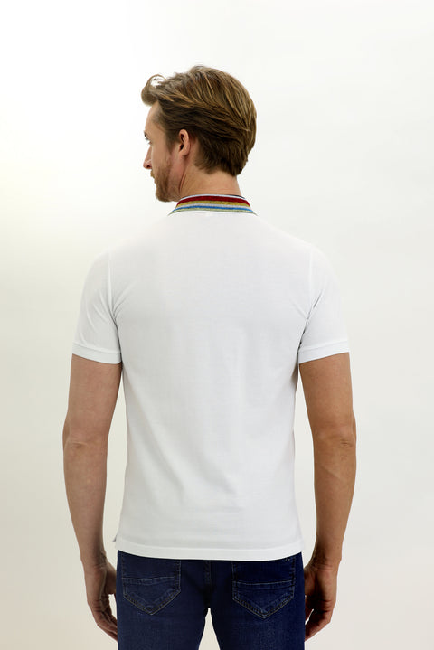 White Polo Collar Slim Fit Patterned T-shirt