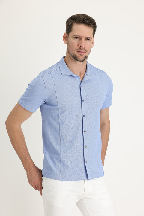 Blue Half-Italian Collar Slim Fit T-shirt