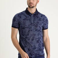 Medium Navy Polo Collar Slim Fit Printed T-Shirt