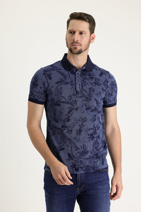 Medium Navy Polo Collar Slim Fit Printed T-Shirt