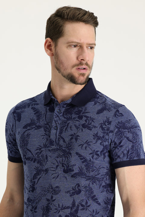 Medium Navy Polo Collar Slim Fit Printed T-Shirt