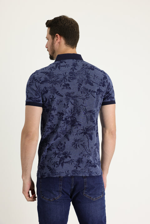 Medium Navy Polo Collar Slim Fit Printed T-Shirt
