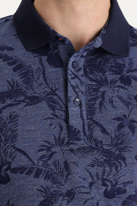 Medium Navy Polo Collar Slim Fit Printed T-Shirt
