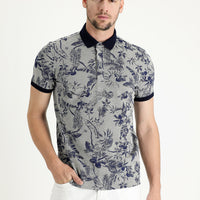 Medium Beige Polo Collar Slim Fit Printed T-Shirt