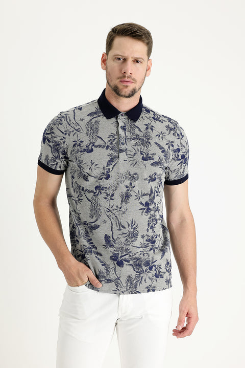 Medium Beige Polo Collar Slim Fit Printed T-Shirt