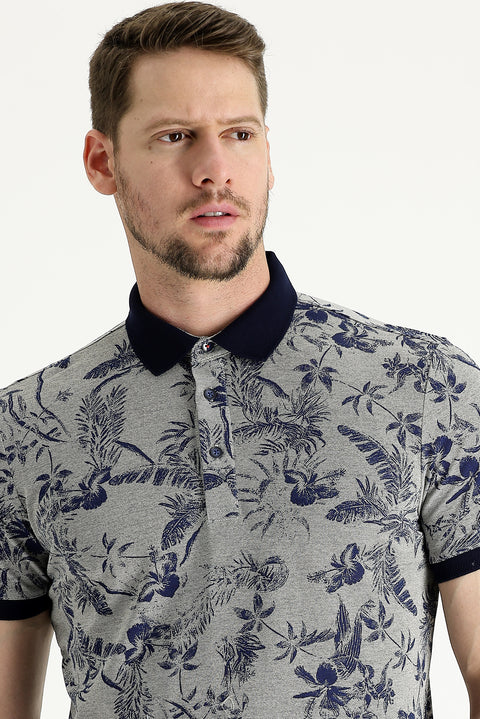 Medium Beige Polo Collar Slim Fit Printed T-Shirt