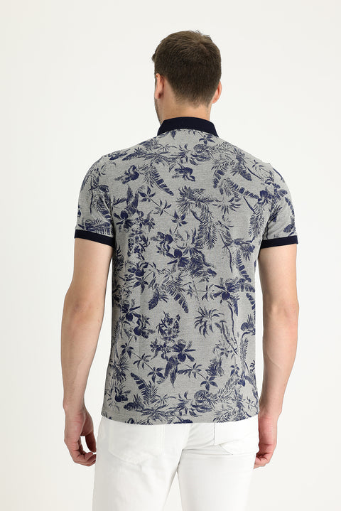 Medium Beige Polo Collar Slim Fit Printed T-Shirt