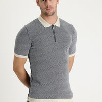 Medium Navy Polo Collar Slim Fit Narrow Cut Zip-Up Patterned Linen Blend T-Shirt
