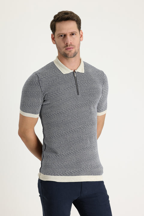 Medium Navy Polo Collar Slim Fit Narrow Cut Zip-Up Patterned Linen Blend T-Shirt
