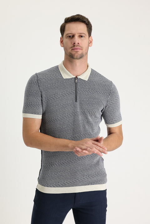 Medium Navy Polo Collar Slim Fit Narrow Cut Zip-Up Patterned Linen Blend T-Shirt