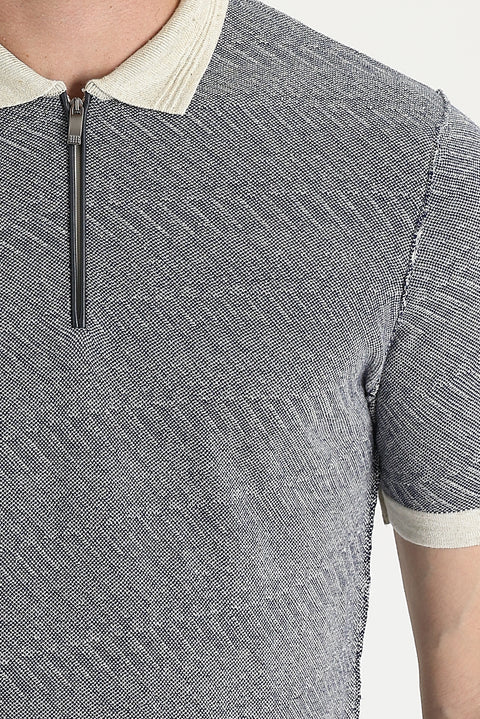 Medium Navy Polo Collar Slim Fit Narrow Cut Zip-Up Patterned Linen Blend T-Shirt