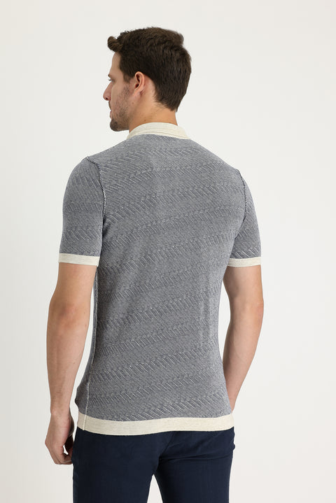 Medium Navy Polo Collar Slim Fit Narrow Cut Zip-Up Patterned Linen Blend T-Shirt