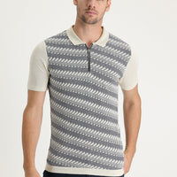 Medium Navy Blue Polo Neck Slim Fit Patterned Zippered Linen Blend T-shirt
