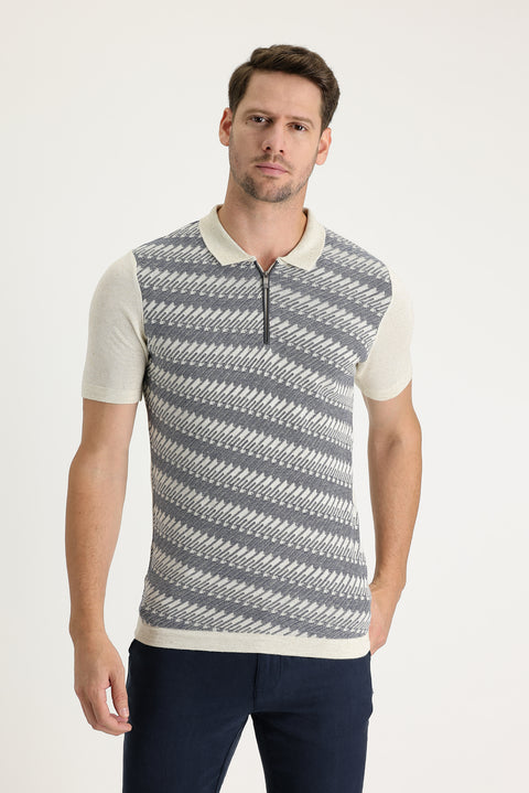 Medium Navy Blue Polo Neck Slim Fit Patterned Zippered Linen Blend T-shirt