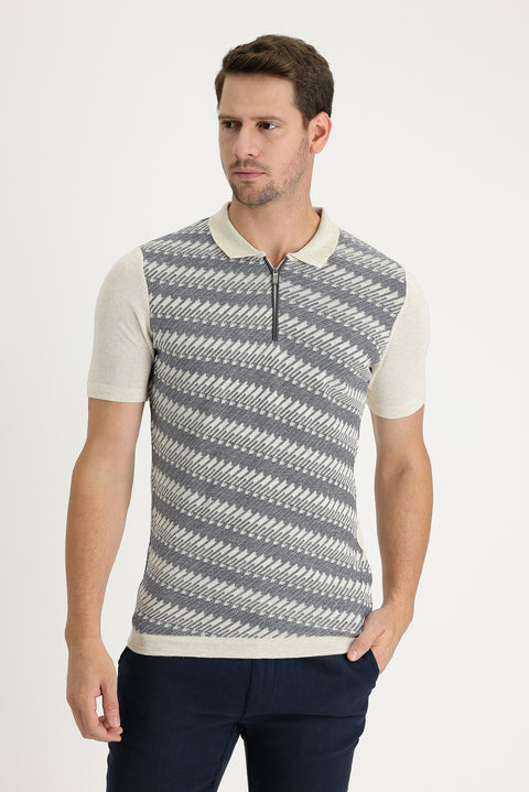 Medium Navy Blue Polo Neck Slim Fit Patterned Zippered Linen Blend T-shirt