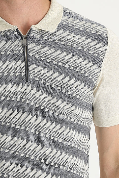 Medium Navy Blue Polo Neck Slim Fit Patterned Zippered Linen Blend T-shirt