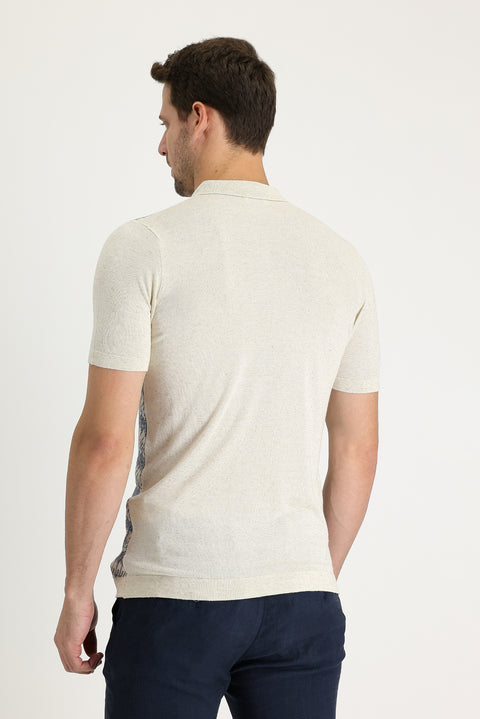 Medium Navy Blue Polo Neck Slim Fit Patterned Zippered Linen Blend T-shirt