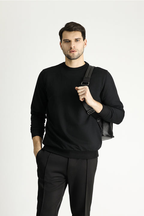 Black Crew Neck Regular Fit Seasonal 2-Thread Cotton Sweatshirt