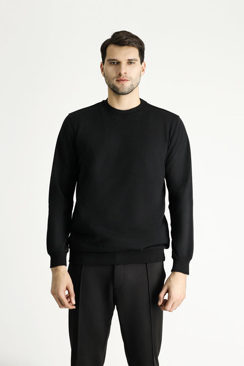 Black Crew Neck Regular Fit Seasonal 2-Thread Cotton Sweatshirt
