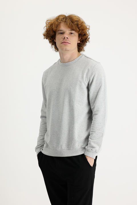 Medium Grey Melange Crew Neck Regular Fit Seasonal 2-Thread Cotton Sweatshirt