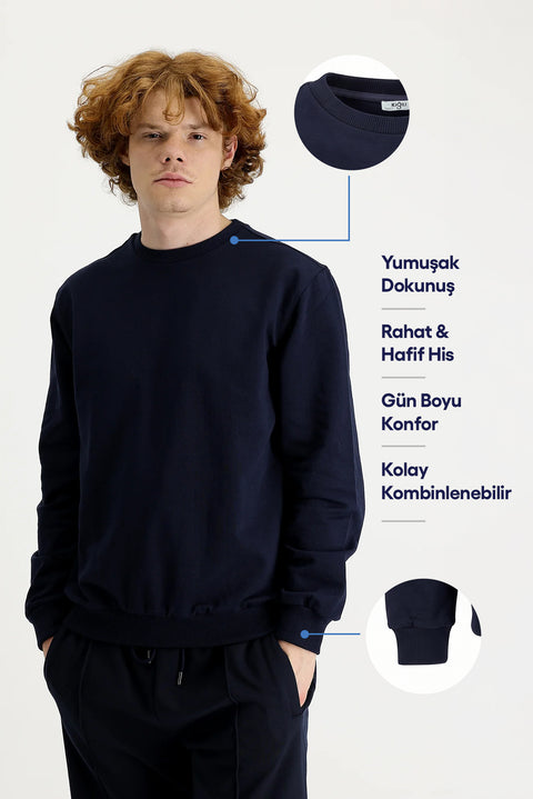 Orta Lacivert Bisiklet Yaka Regular Fit Mevsimlik 2 İplik Pamuklu Sweatshirt