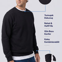 Siyah Bisiklet Yaka Oversize Pamuklu Sweatshirt