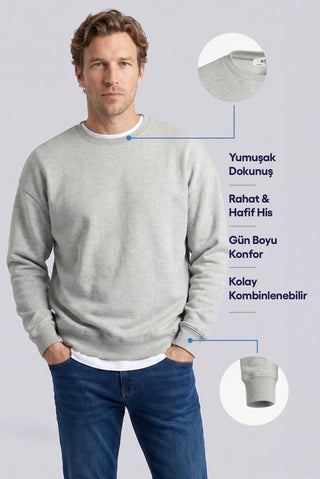  Açık Gri Melanj Bisiklet Yaka Oversize Pamuklu Sweatshirt