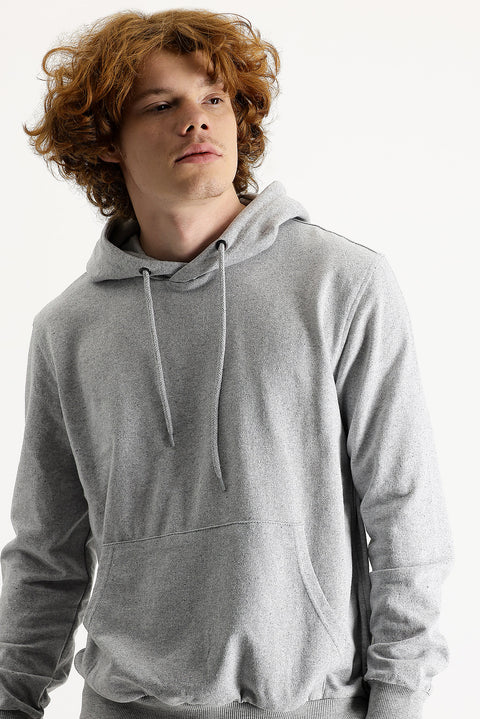 Medium Grey Melange Regular Fit Hooded Cotton Sweatshirt