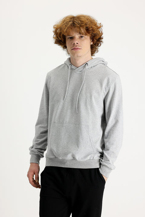 Medium Grey Melange Regular Fit Hooded Cotton Sweatshirt