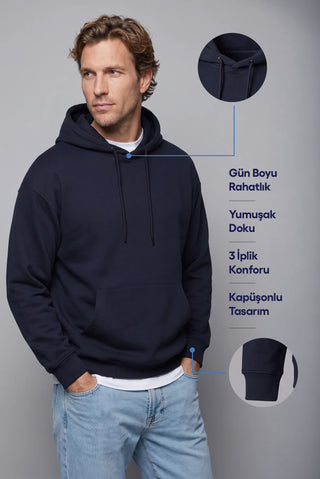  Orta Lacivert Kapüşonlu Oversize Pamuklu Sweatshirt