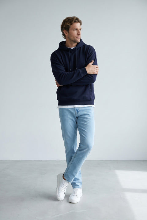 Orta Lacivert Kapüşonlu Oversize Pamuklu Sweatshirt