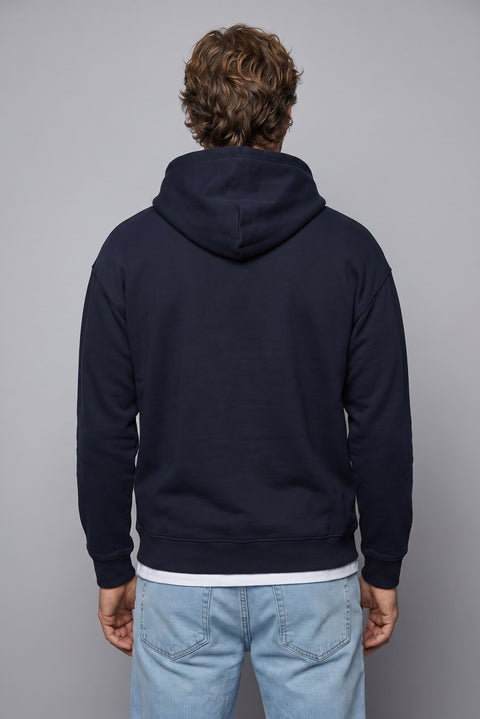 Orta Lacivert Kapüşonlu Oversize Pamuklu Sweatshirt