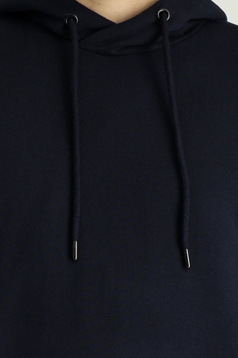 Orta Lacivert Kapüşonlu Oversize Pamuklu Sweatshirt