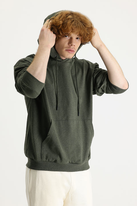 Orta Haki Kapüşonlu Oversize Pamuklu Sweatshirt