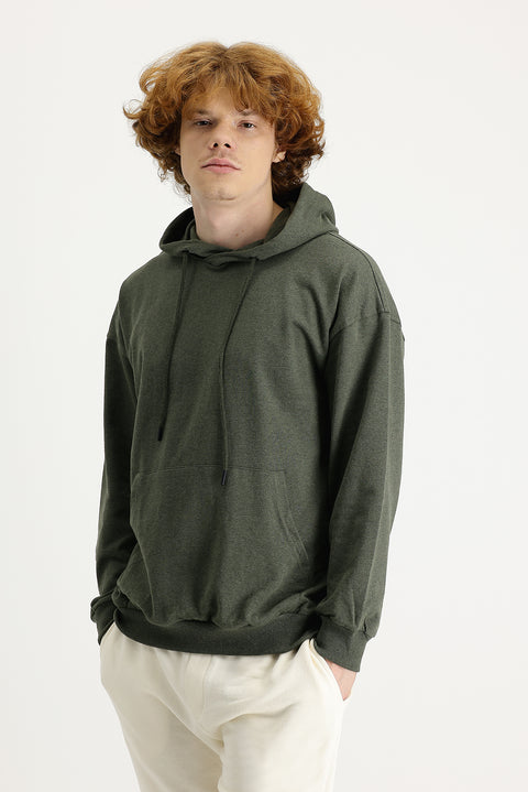 Orta Haki Kapüşonlu Oversize Pamuklu Sweatshirt