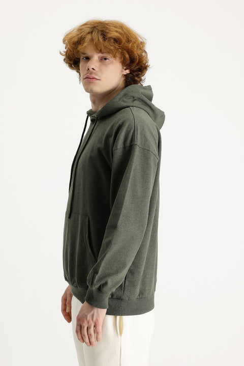 Orta Haki Kapüşonlu Oversize Pamuklu Sweatshirt