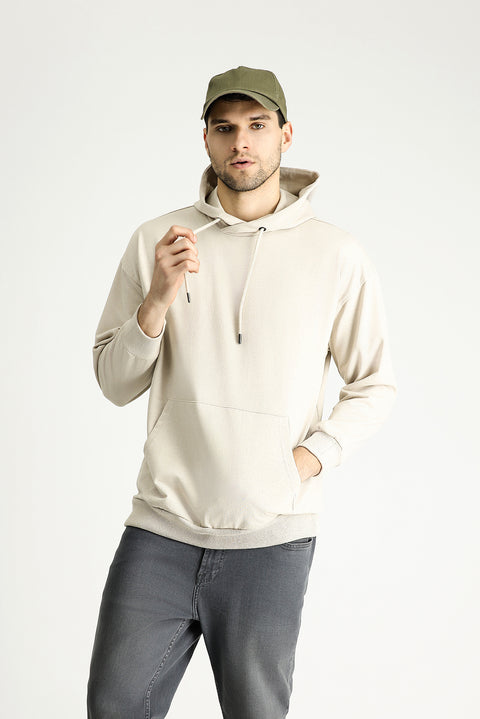 Açık Vizon Kapüşonlu Oversize Pamuklu Sweatshirt