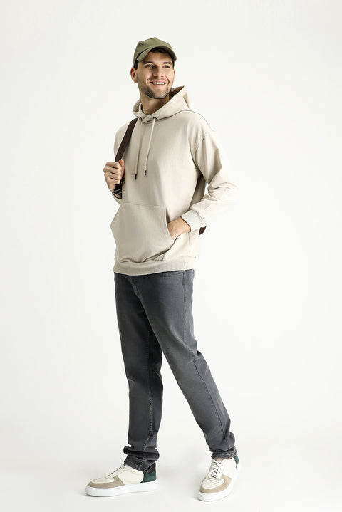 Açık Vizon Kapüşonlu Oversize Pamuklu Sweatshirt