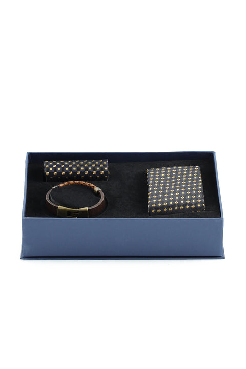 Dark Navy Blue 3-Piece Tie, Pocket Square, and Leather Bracelet Set