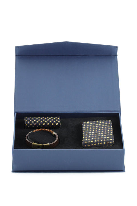 Dark Navy Blue 3-Piece Tie, Pocket Square, and Leather Bracelet Set