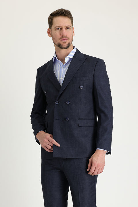 Dark Navy Melange 7 Drop Slim Fit Narrow Cut Double-Breasted Suit