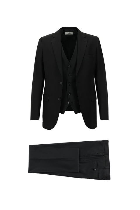 Black 6 Drop Regular Fit Standard Cut Suit with Vest