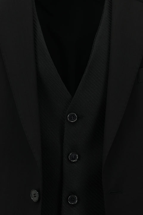 Black 6 Drop Regular Fit Standard Cut Suit with Vest