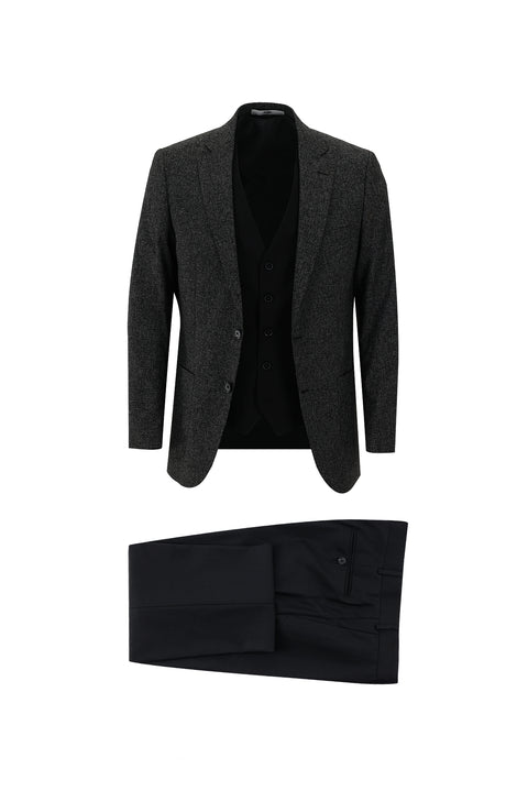 Black 6 Drop Regular Fit Standard Cut Suit with Vest