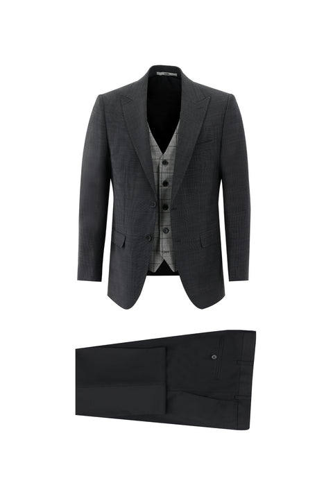 Black 6-Drop Regular Fit Standard Cut Wool Combination Vest Suit