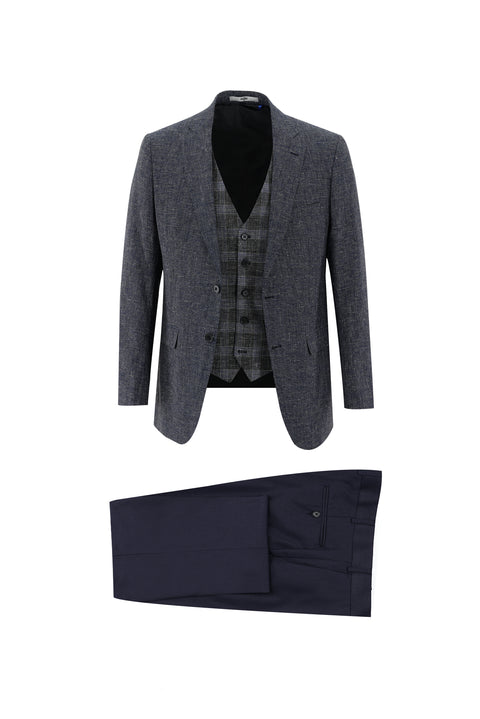 Navy Blue 6 Drop Regular Fit Linen Suit with Vest