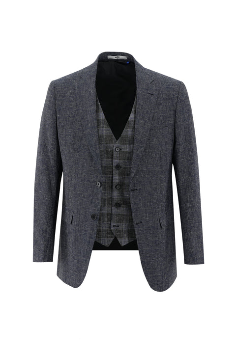 Navy Blue 6 Drop Regular Fit Linen Suit with Vest