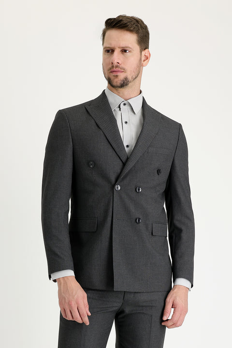 Medium Anthracite 7 Drop Slim Fit Striped Double-Breasted Suit