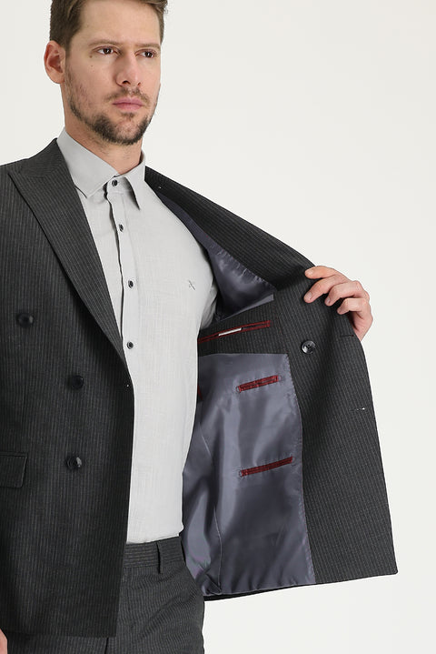 Medium Anthracite 7 Drop Slim Fit Striped Double-Breasted Suit